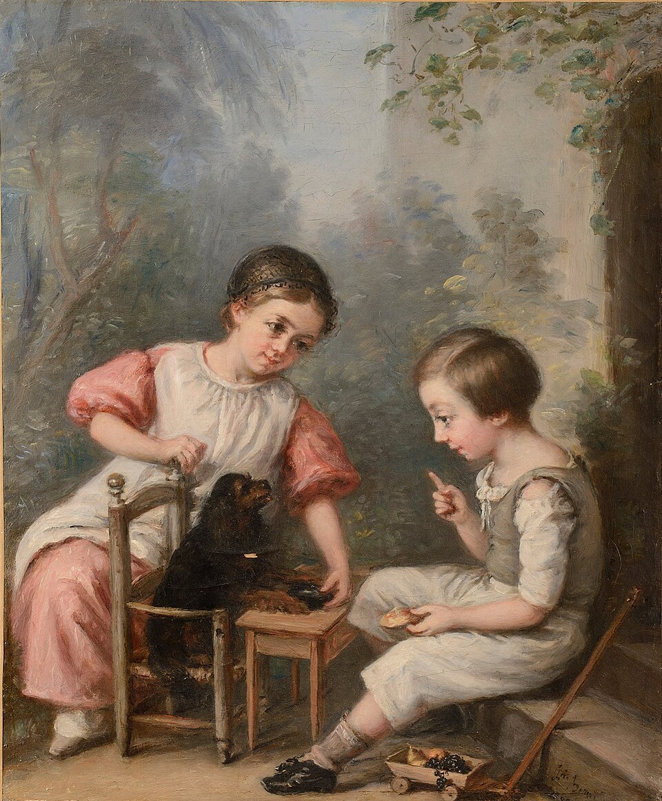 Two children playing with a dog, painting by Félicité Beaudin, ca. 1800s