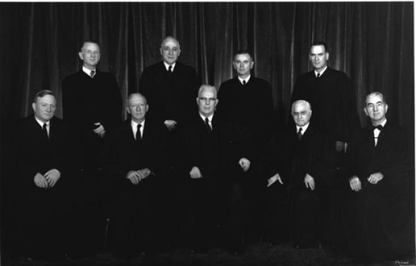 The Warren Court (1958-1962). Top (l-r): Charles E. Whittaker, John M. Harlan, William J. Brennan, Jr., Potter Stewart. Bottom (l-r): William O. Douglas, Hugo L. Black, Earl Warren, Felix Frankfurter, Tom C. Clark.