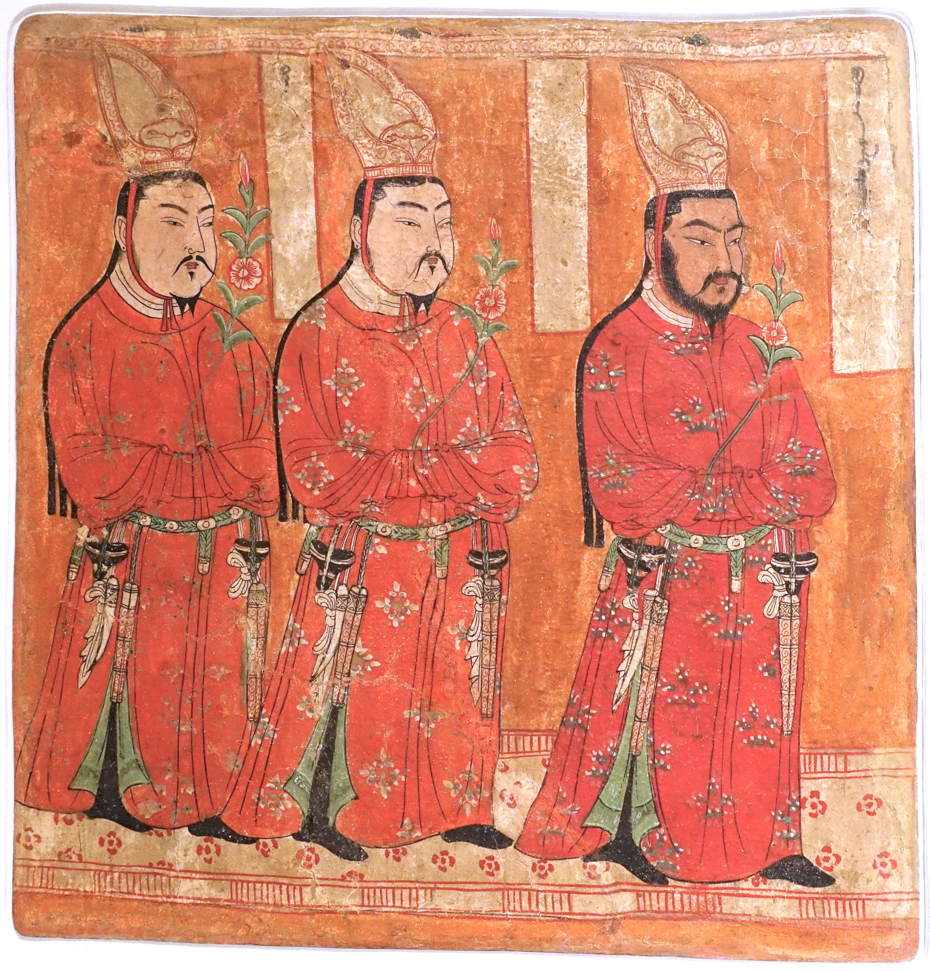 This wall painting in Xinjiang, China dating from the 8th–9th century depicts Uyghur princes. 