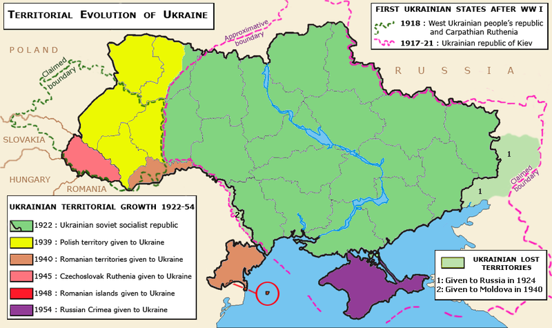 The territorial evolution of the Ukrainian SSR, 1922–1954.