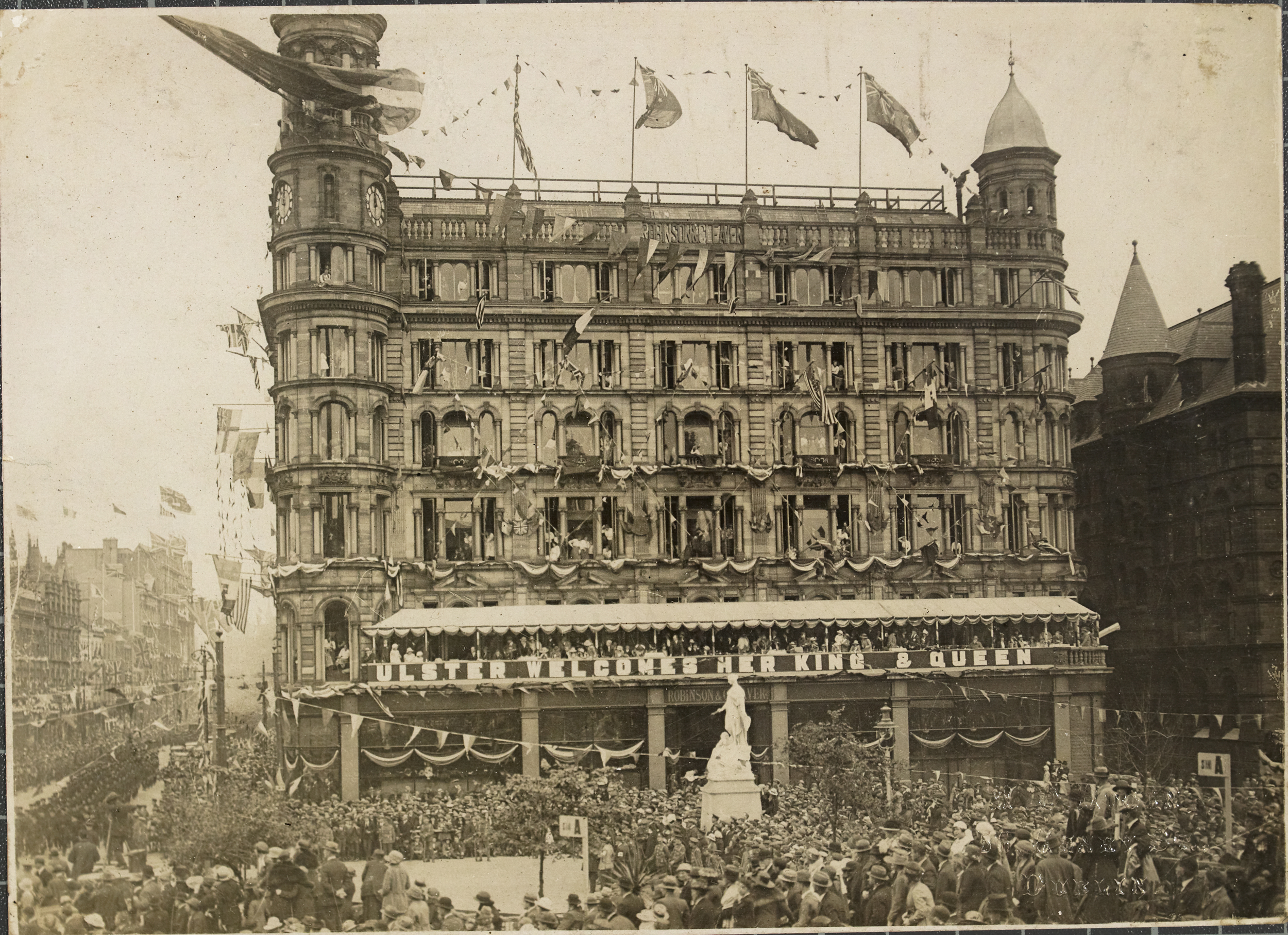 A department store in Belfast, decorated for the State Opening of the first Northern Ireland parliament in June of 1921.