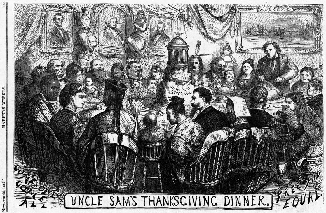 An 1869 Thomas Nast cartoon supporting the Fifteenth Amendment. 