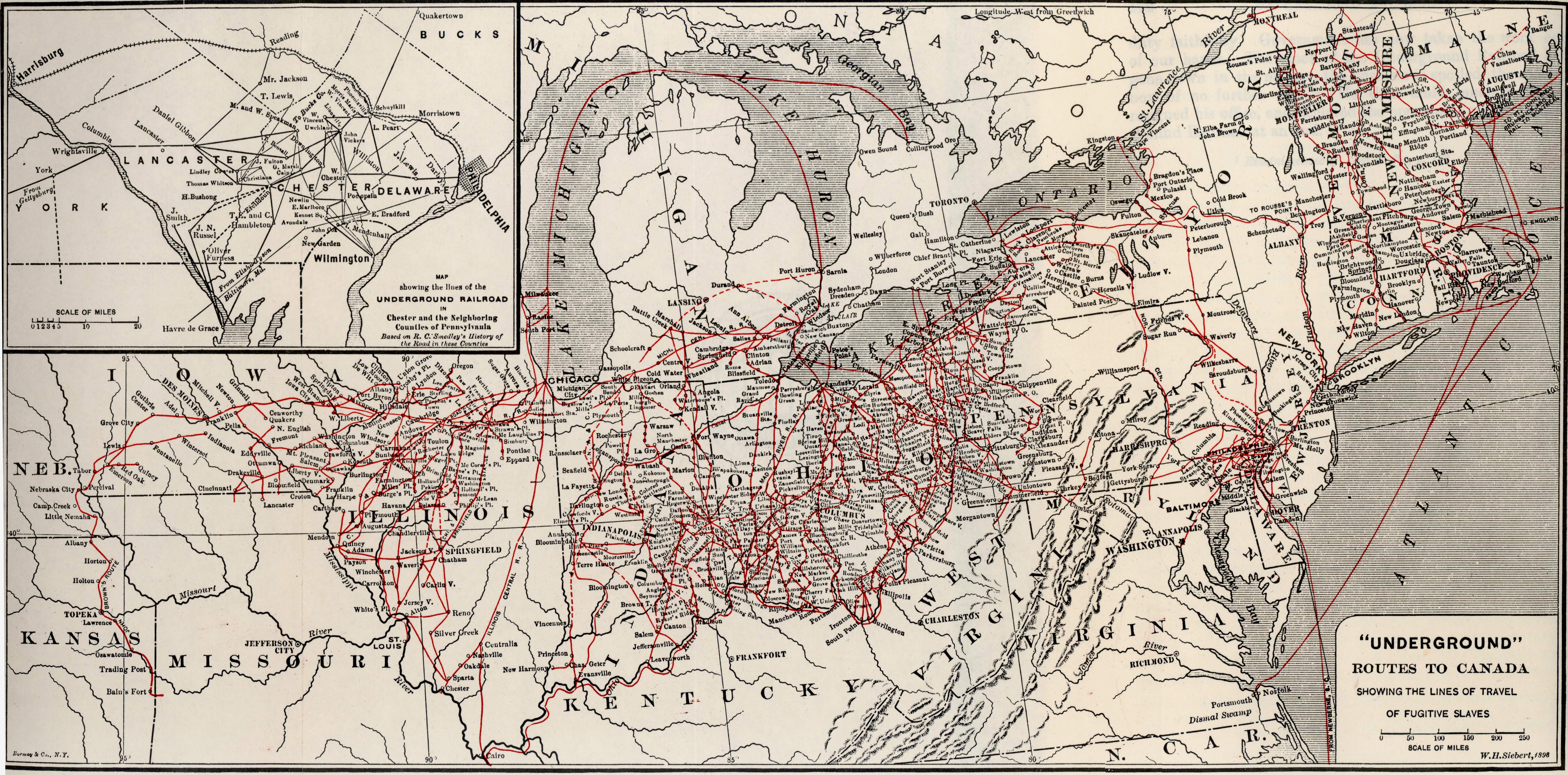 An 1898 map showing the routes of the Underground Railroad.