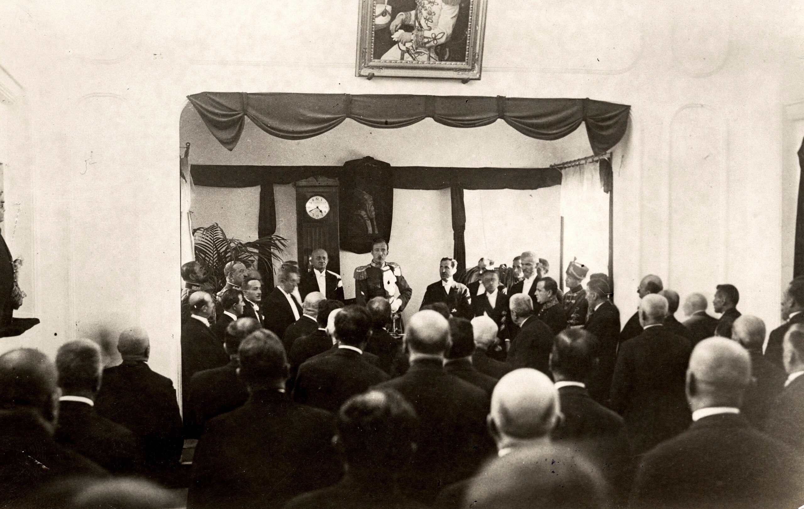 King Zogu I of Albania takes the oath in the parliament building. Tirana, Albania. 1928.