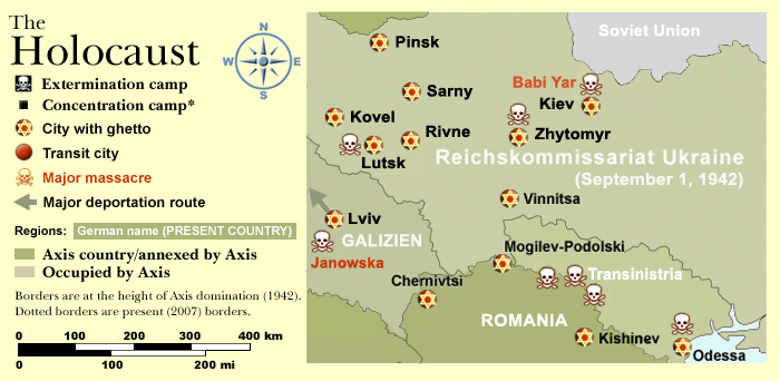 Map of the Holocaust in Ukraine during World War II. This map shows all extermination camps, most major concentration camps, ghettos, and major massacre sites in Ukraine.
