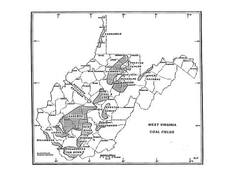 Map showing the fourteen coalfields of West Virginia.