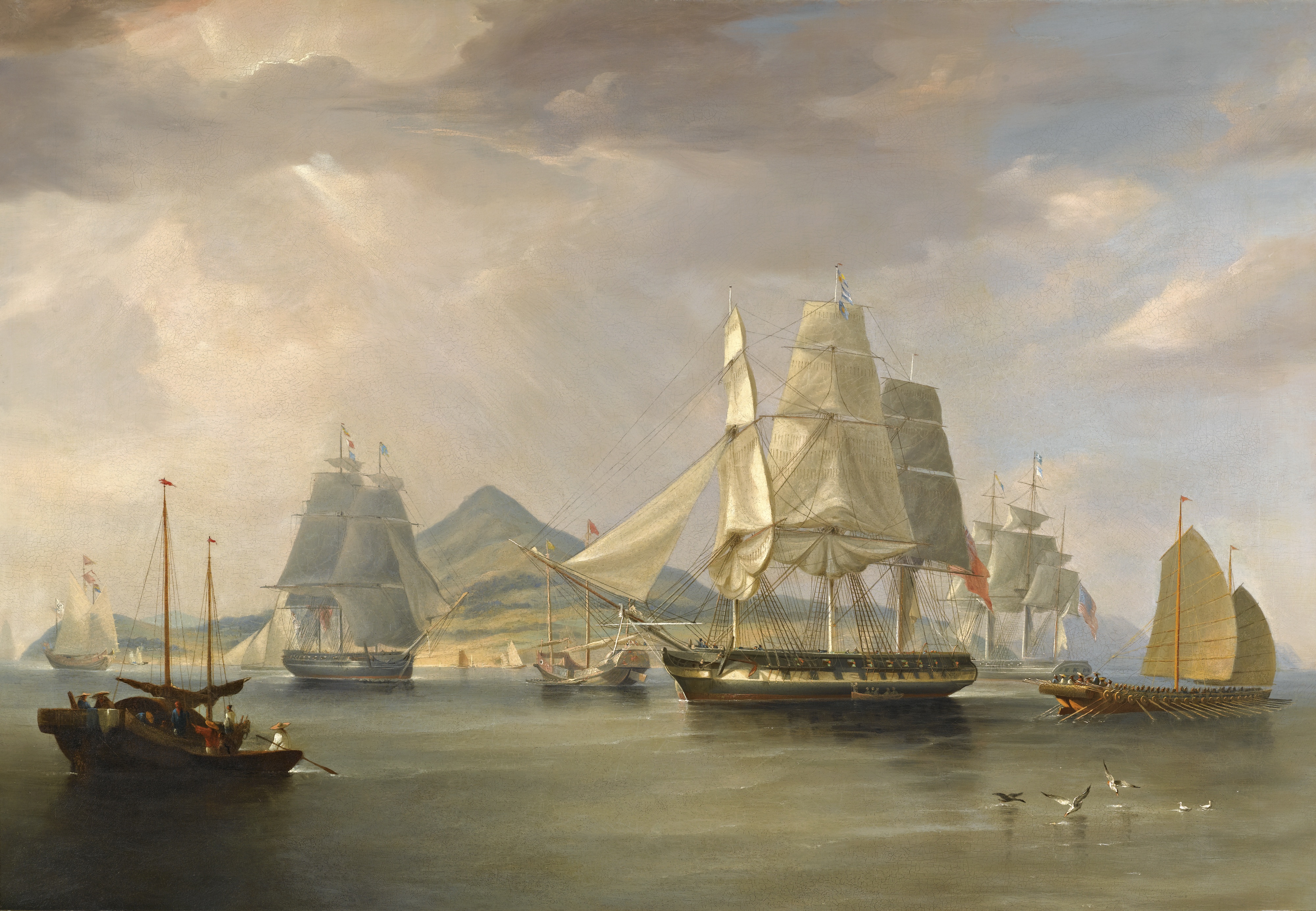 A depiction of British opium ships at Lintin, China, 1824