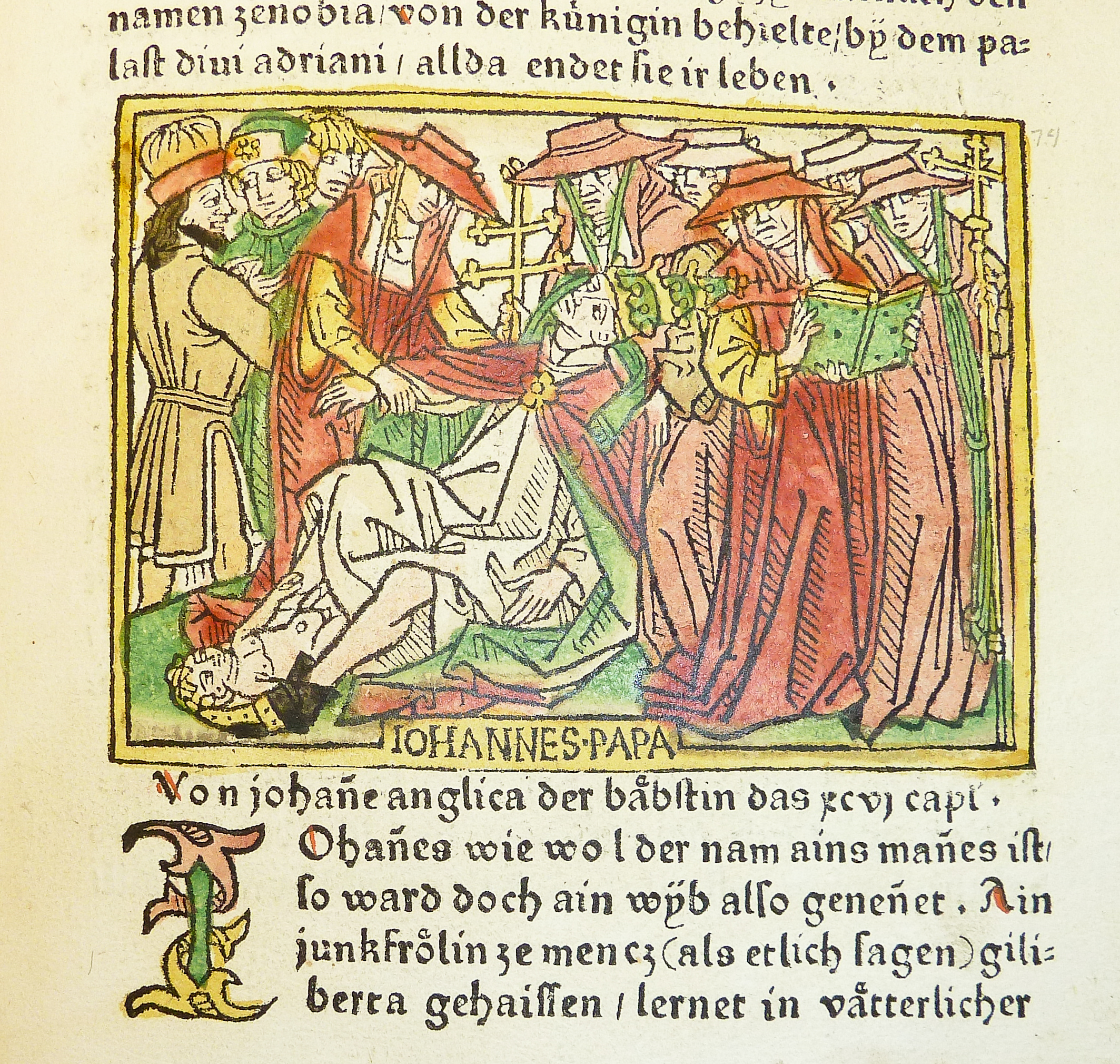 A German woodcut of Pope Joan giving birth, ca. 1474.