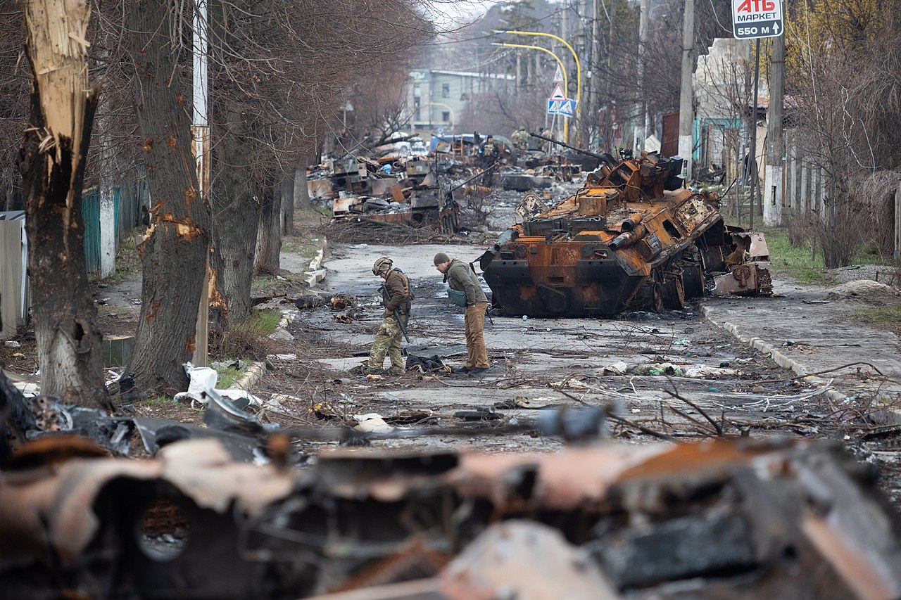 Damage to a street in Kyiv after the Russian invasion of Ukraine, April 2022.