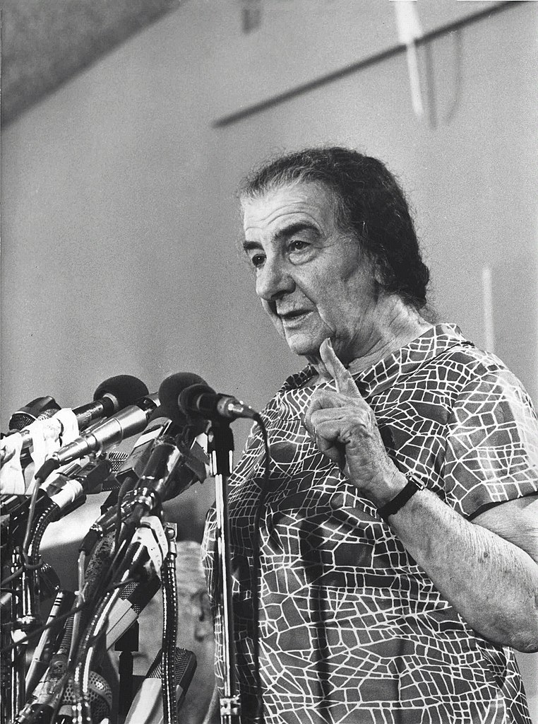 Israeli Prime Minister Golda Meir addresses Israeli reporters during the height of the war. 