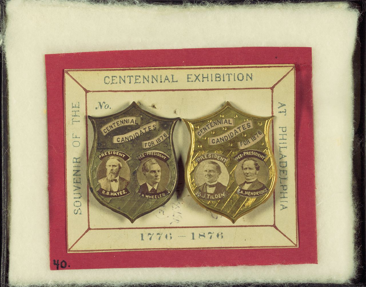 Commemorative pins from the 1876 Presidential Election.