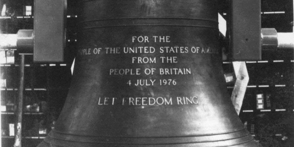 Black and white image of the Bicentennial Bell's inscription. 