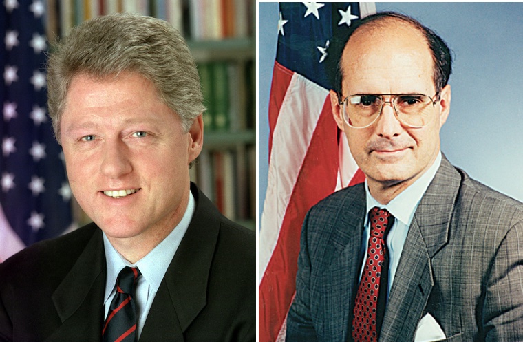 President Bill Clinton to the left, with senior State Department official Strobe Talbott, to the right. 