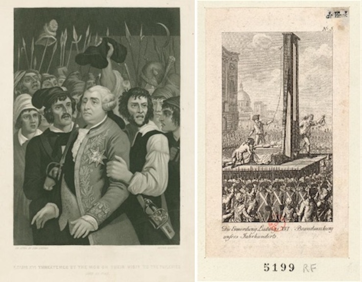Illustrations of Louis XVI in the custody of French revolutionaries (The New York Public Library) (left), and his execution by guillotine in 1793 (Stanford University Libraries) (right).