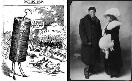 World Heavyweight Boxing Champion Jack Johnson and Etta Terry Duryea, the first of his three white wives, in 1910 (right). Attempts to ban interracial marriage at the federal level swept the nation after Johnson’s second marriage to a white woman in 1912. A 1910 cartoon referencing the race riots in more than 50 cities after Jack Johnson defeated the white boxer James Jeffries in what was billed “the fight of the century” and Jeffries the “Great White Hope” (left). Johnson's marriage to a white woman likely fueled rioters’ anger.