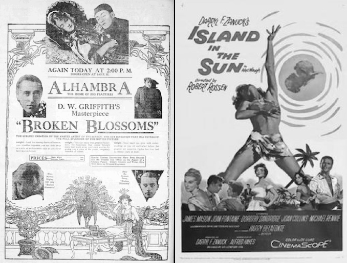 The first film about an interracial romance, D. W. Griffith’s Broken Blossoms (1919), used a white actor to portray a Chinese man in love with an English girl (left). Like many films that would follow on interracial romance, it ended in tragedy. The Motion Picture Production Code prohibited the depiction of interracial romances until 1956. Hollywood circumvented the prohibition by casting white actors for nonwhite roles so relationships would not technically be interracial. Island in the Sun (1957) featured the first actual onscreen kiss between a black actor and a white actor, to much public controversy (right).