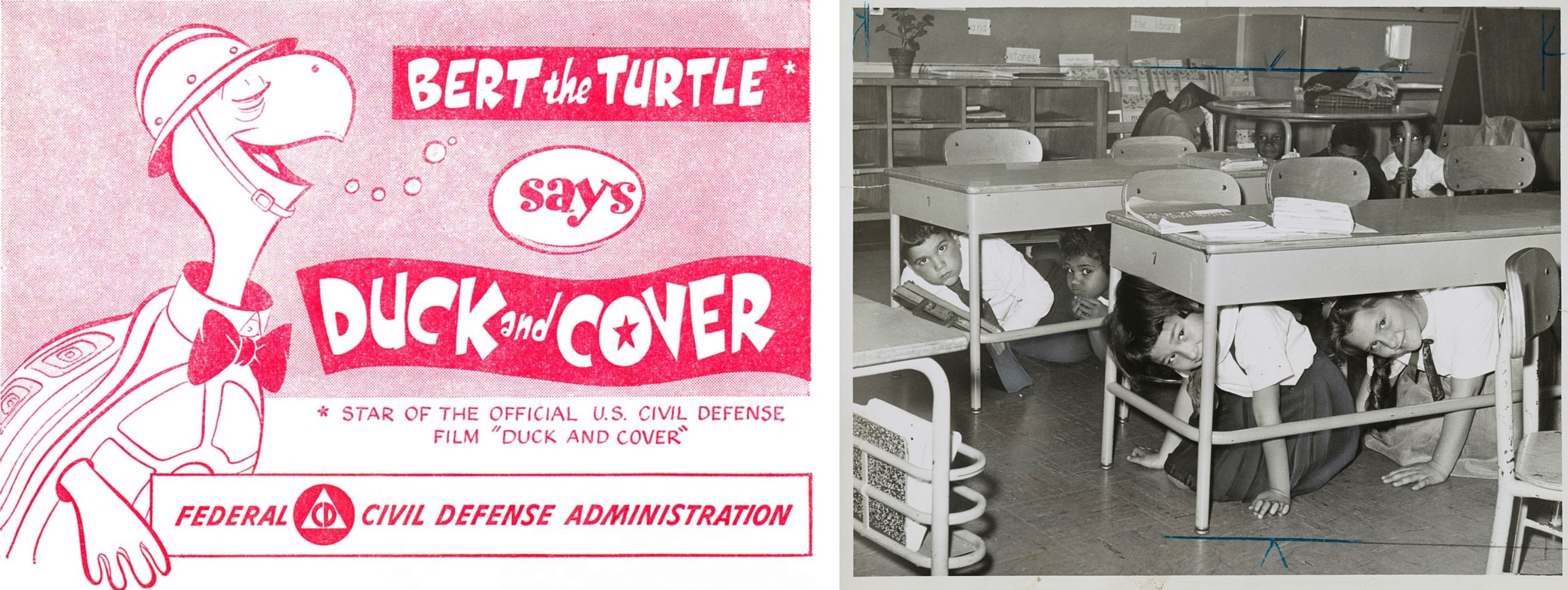On the left, Bert the Turtle Says Duck and Cover. On the right,  school children practicing a "take cover" drill.