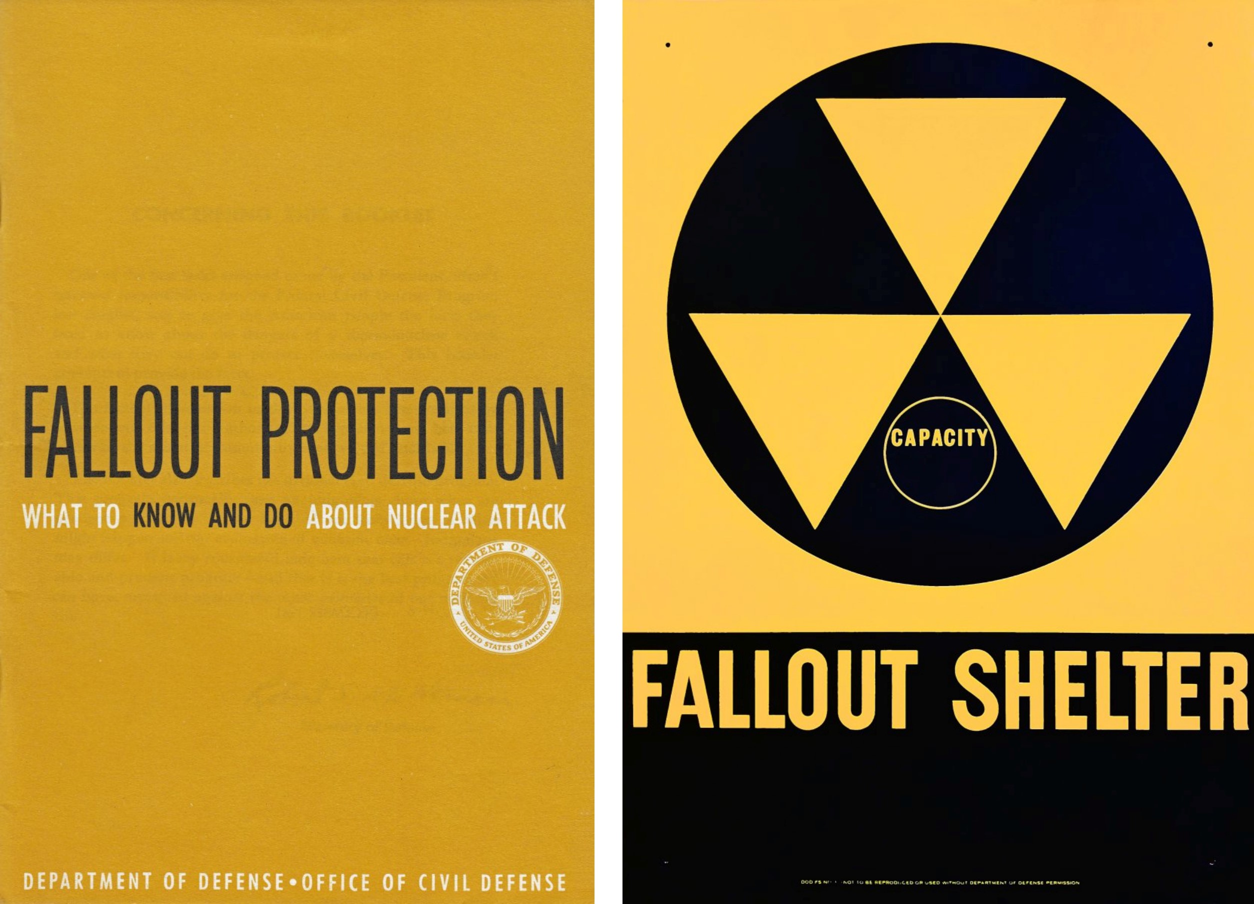 On the left, cover of the booklet, Fallout Protection: What to Know and Do About Nuclear Attack. On the right, a picture of a National Fallout Shelter Survey sign.