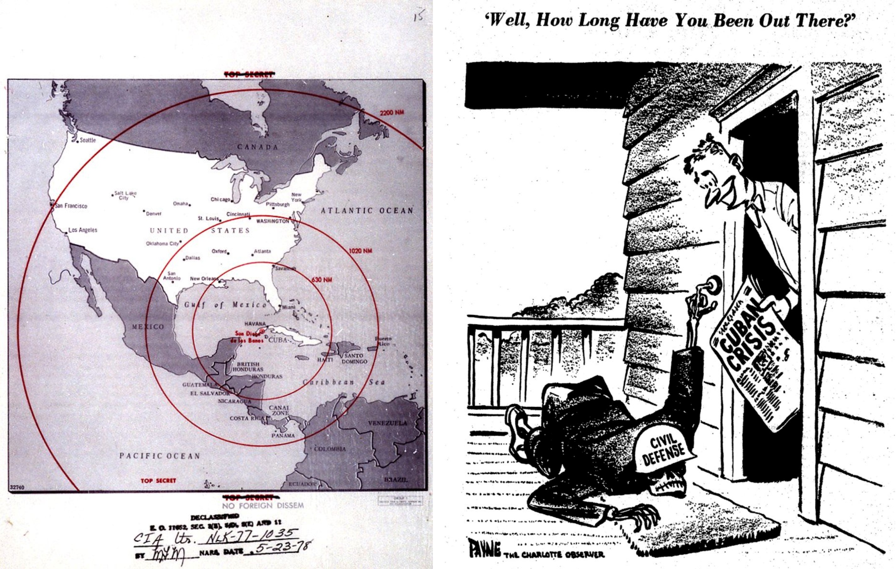 On the left, map illustrating missile ranges. On the right, a political cartoon from the Charlotte Observer.