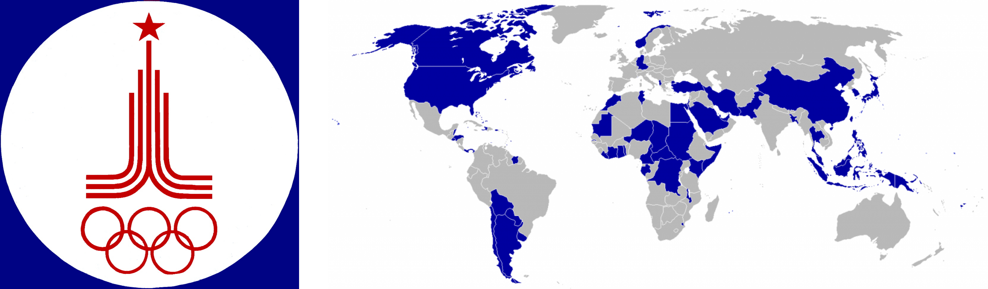 On the left, logo of the 1980 Olympics. On the right, a map of countries boycotting the games in blue.