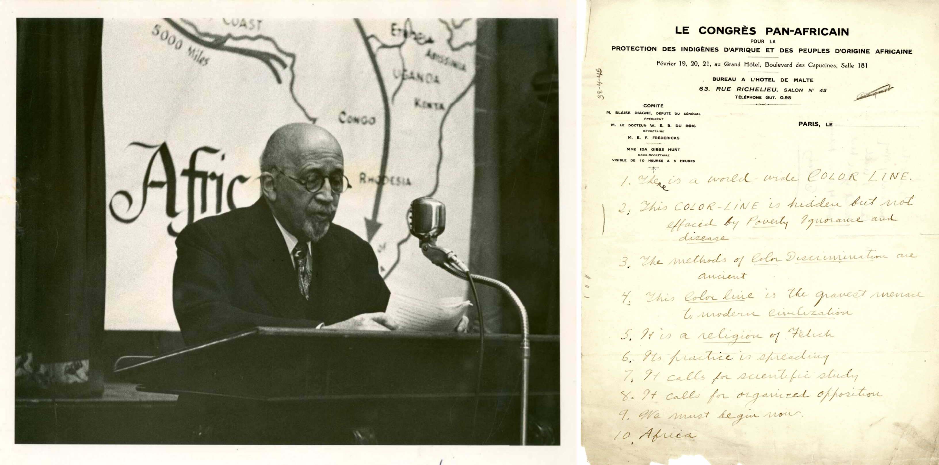 On the left, Du Bois lecturing on Africa. On the right, a handwritten outline of his talk delivered at the Pan African Congress.