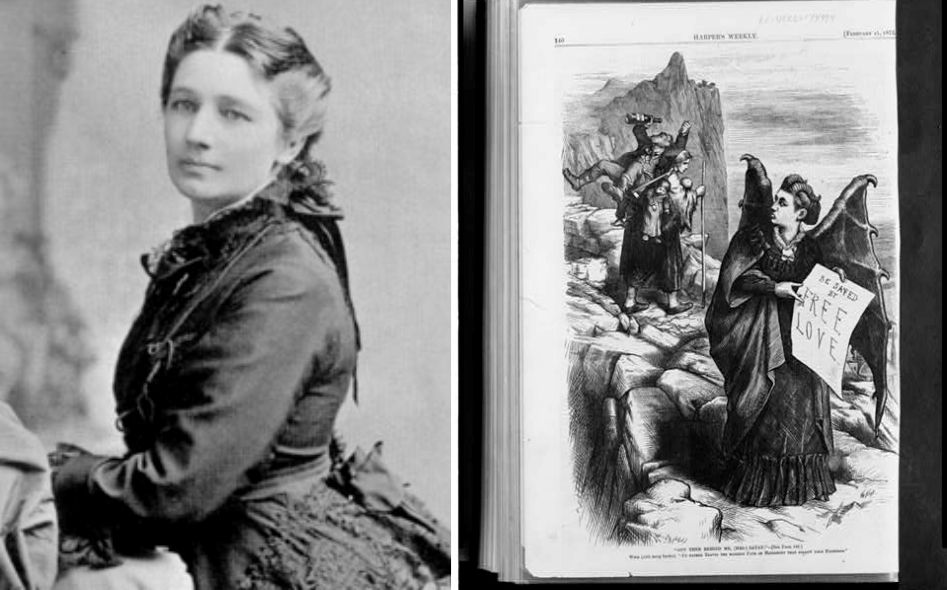 On the left, Victoria Clafin Woodhull. On the right, Harper’s Weekly cartoon depicting Woodhull in 1872.