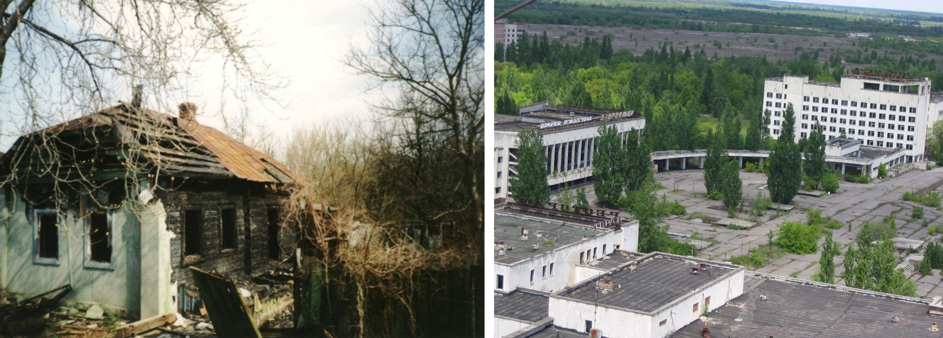 On the left, abandoned house in Pripyat. On the right, a rooftop view of the abandoned city of Pripyat.