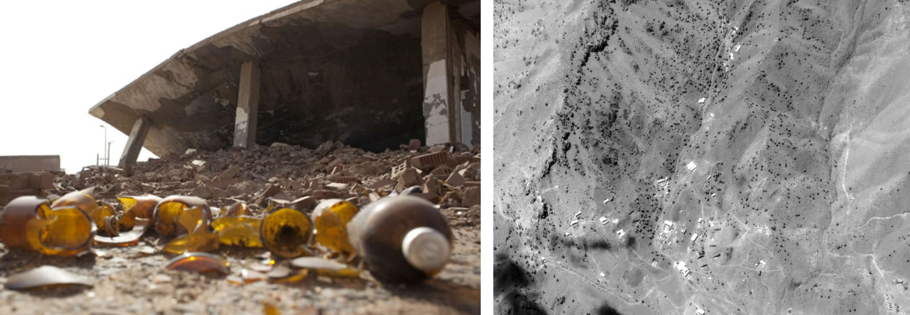 On the left, the Al-Shifa pharmaceutical factory after the missile attack. On the right, a satellite image of the Zhawar Kili Al-Badr training camp complex.