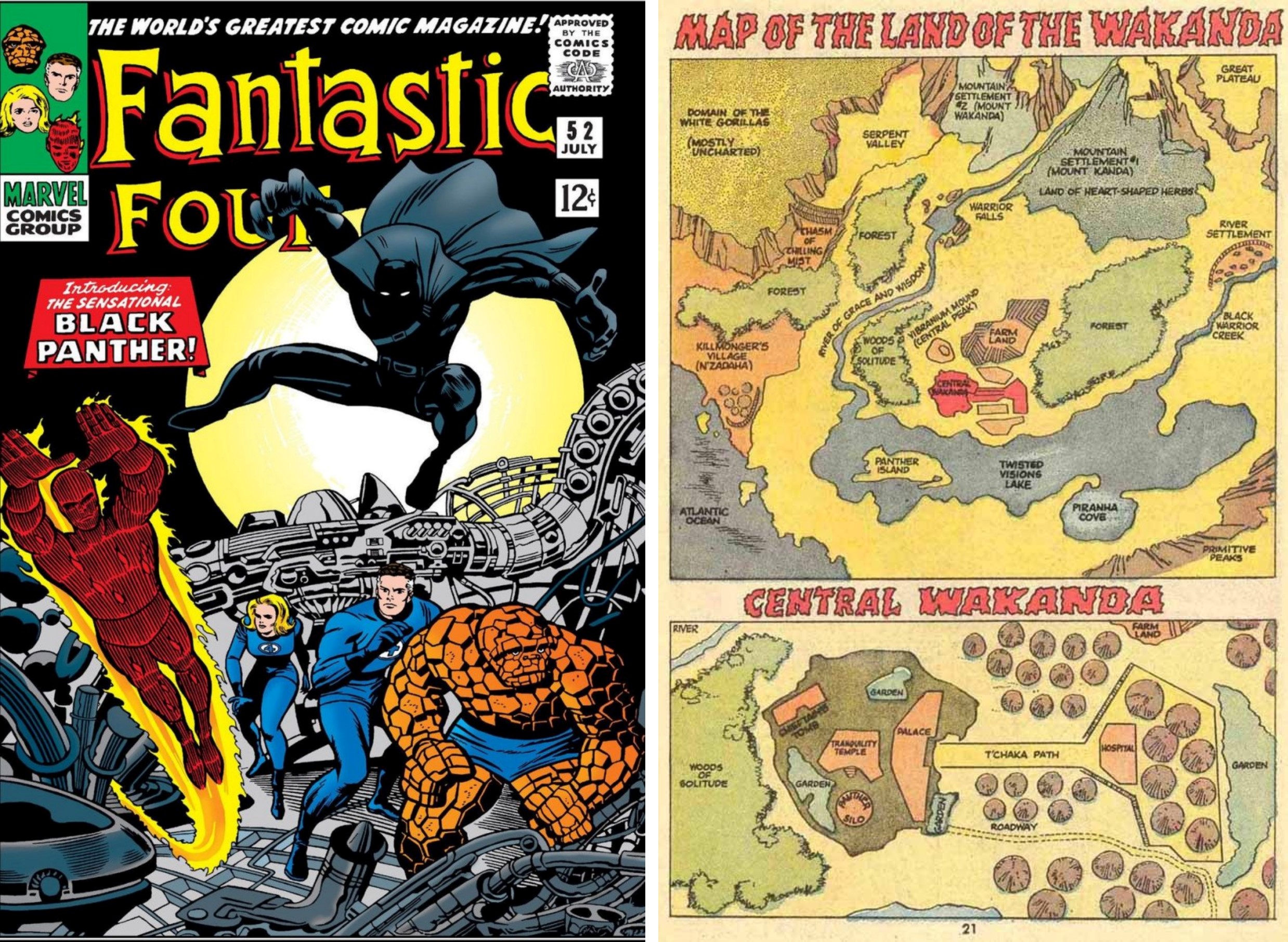 On the left, the debut of Black Panther in Fantastic Four #52. On the right, a map of the fictional land of Wakanda from Jungle Action #6.