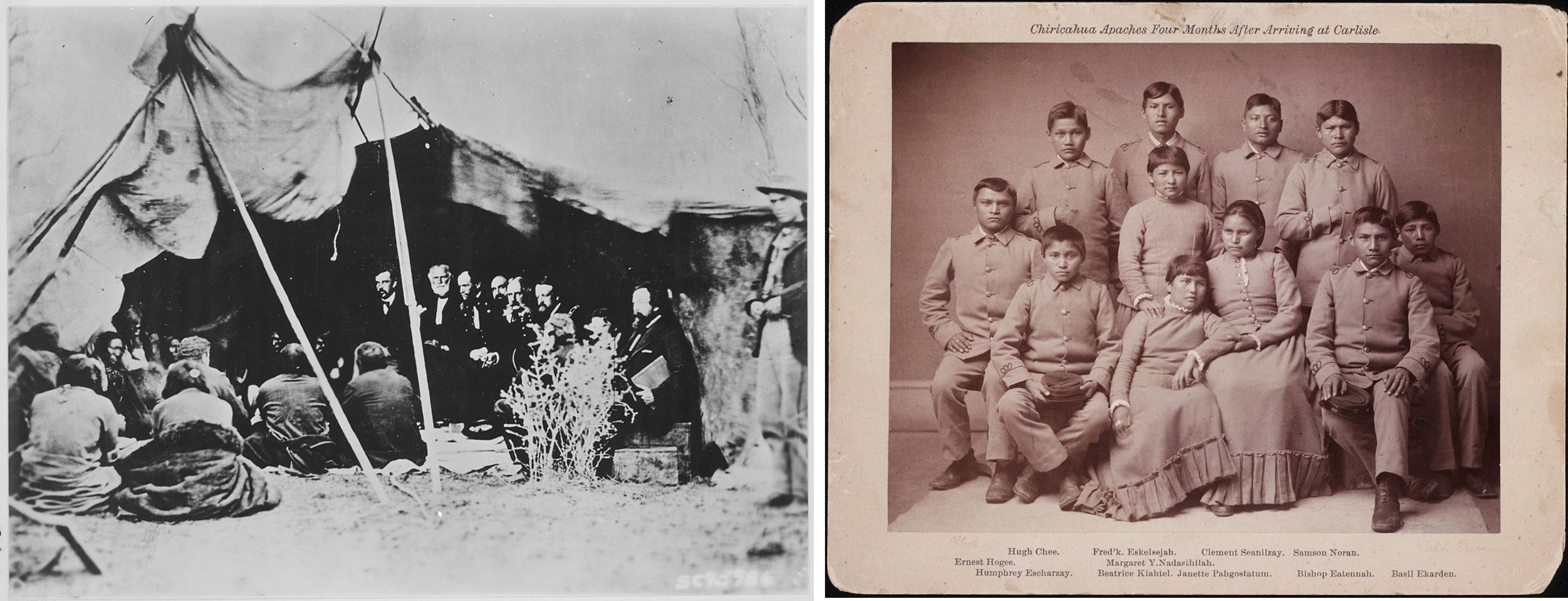 On the left, General William T. Sherman meeting with Indian Chiefs. On the right, Apache children at the Carlisle boarding school.