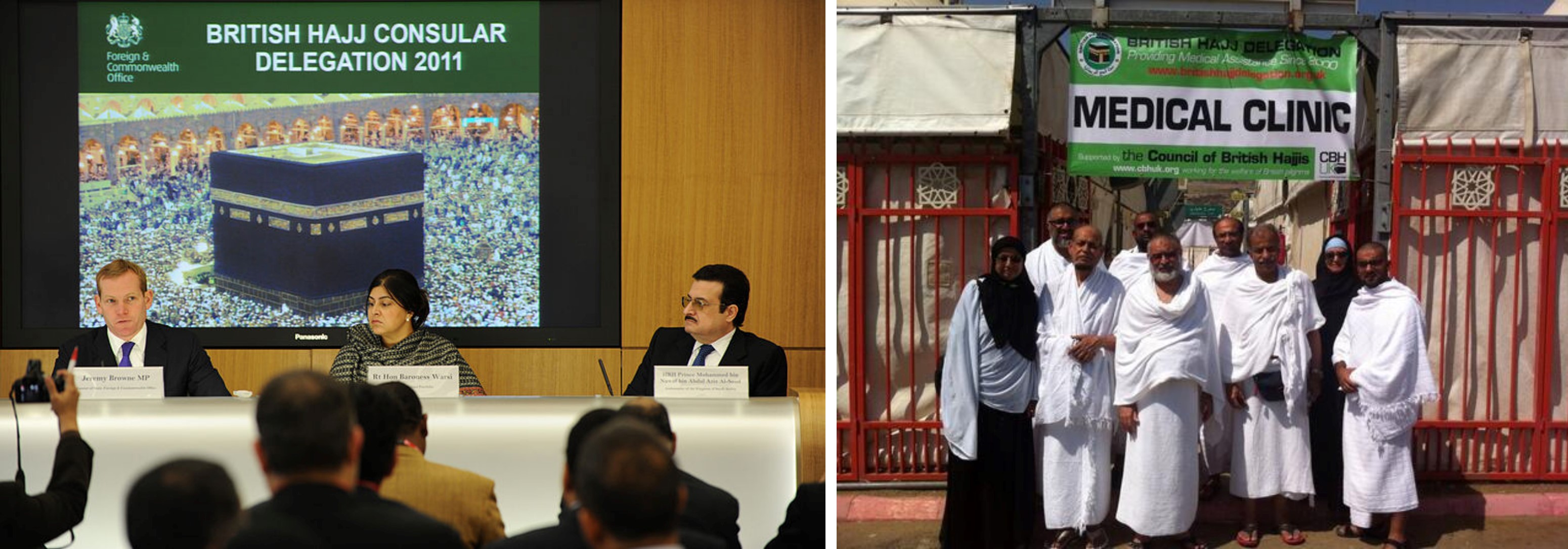 On the left, launch of the British Hajj Consular Delegation. On the right, the British Hajj Delegation Clinic.