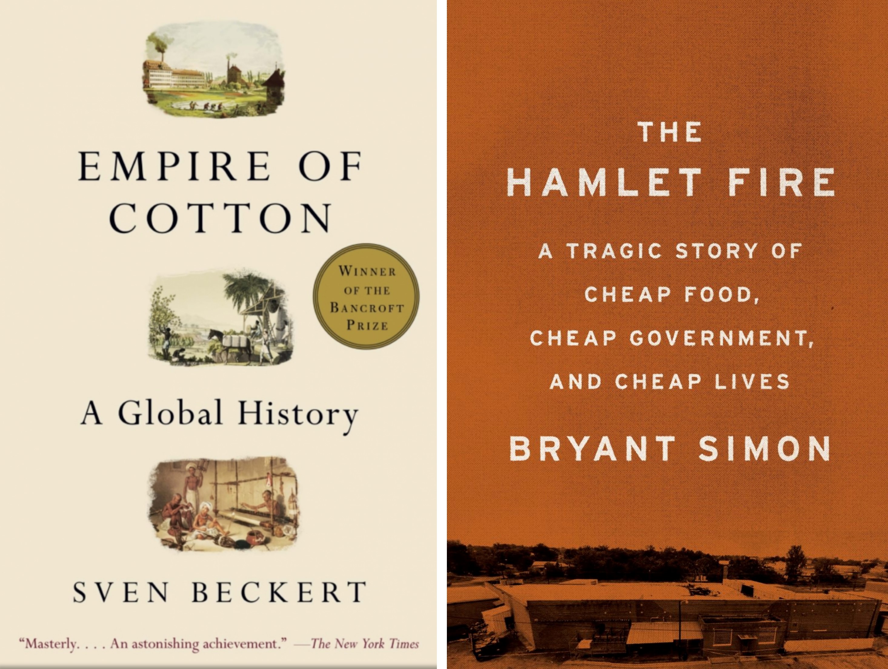 On the left, the cover of 'Empire of Cotton.' On the right, the cover of 'The Hamlet Fire.'