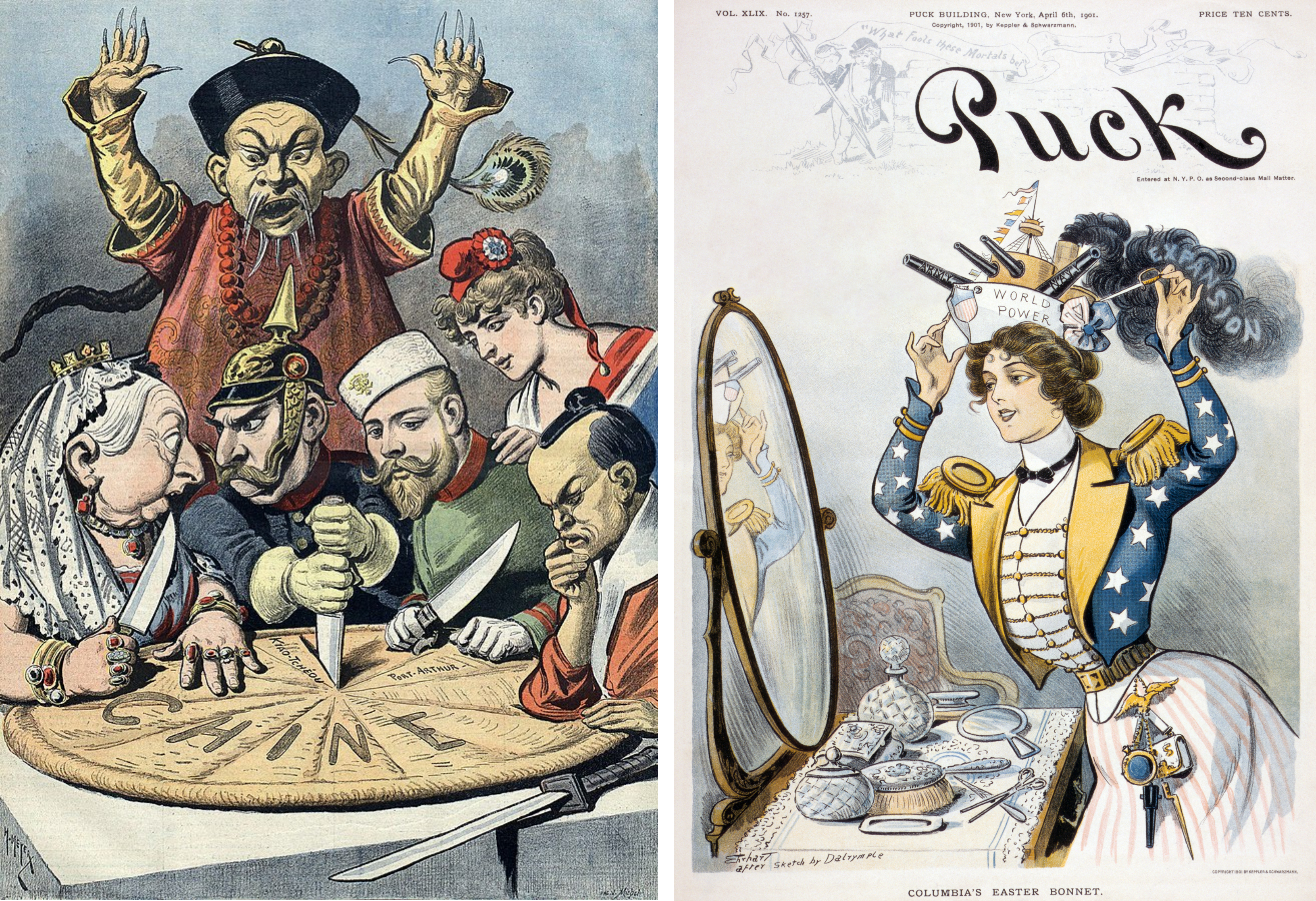 On the left, an 1898 French cartoon depicting England, Germany, Russia, France, and Japan dividing up China. On the right, a cartoon of Columbia, the personification of the United States, putting on a warship-shaped hat.