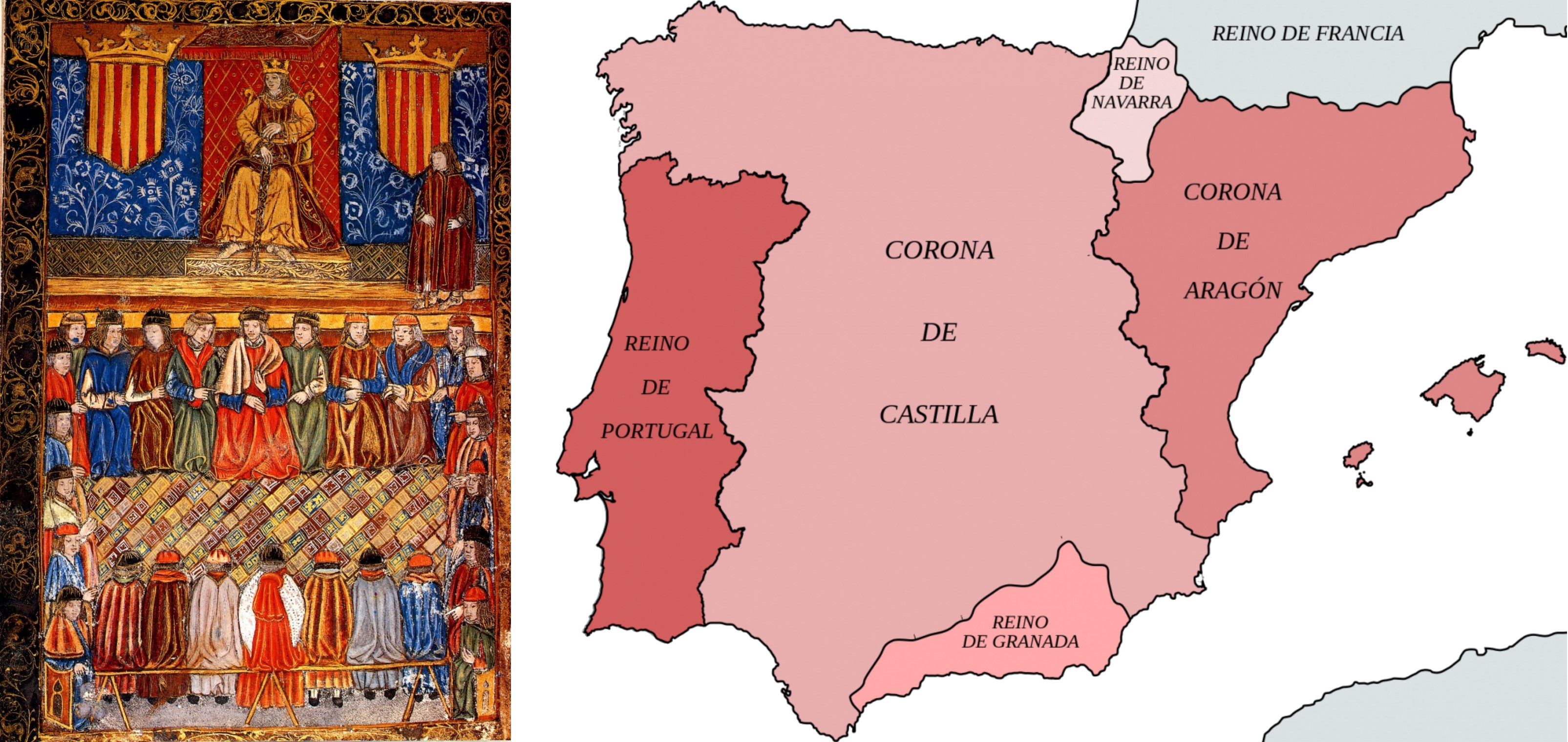 On the left, the Corts of Catalunya. On the right, a map of the Iberian Kingdoms.
