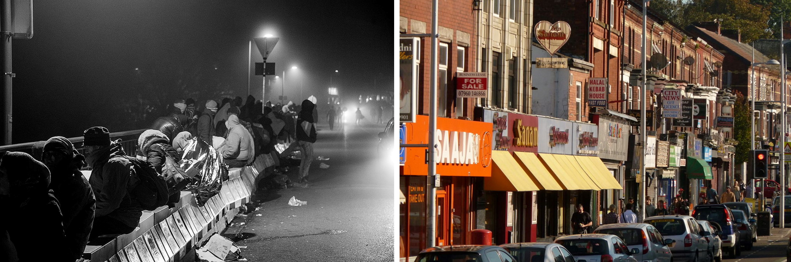 On the left, migrants waiting to enter Germany. On the right, Pakistani shops and restaurants on Wilmslow Road in Manchester, England.