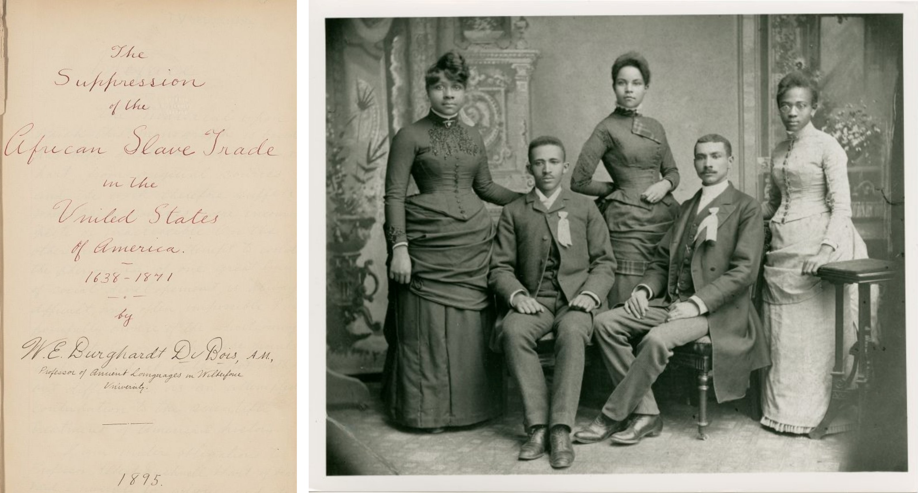 On the left, the first page of Du Bois' dissertation. On the right, a picture of Du Bois with the Frisk University class of 1888.