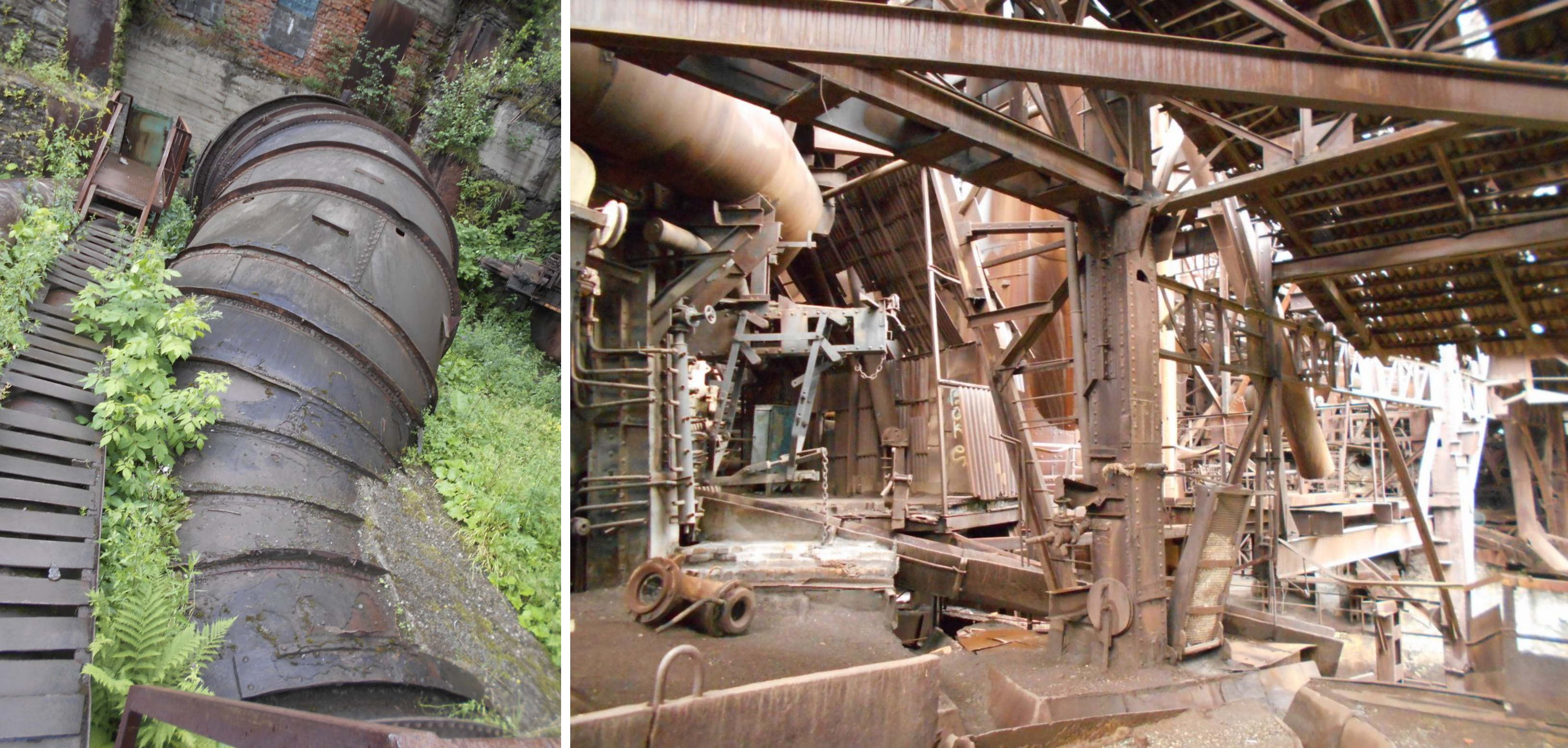 On the left, a pipe for diversion of spring floods at the factory. On the right, the factory-Museum at Nizhnii Tagil.