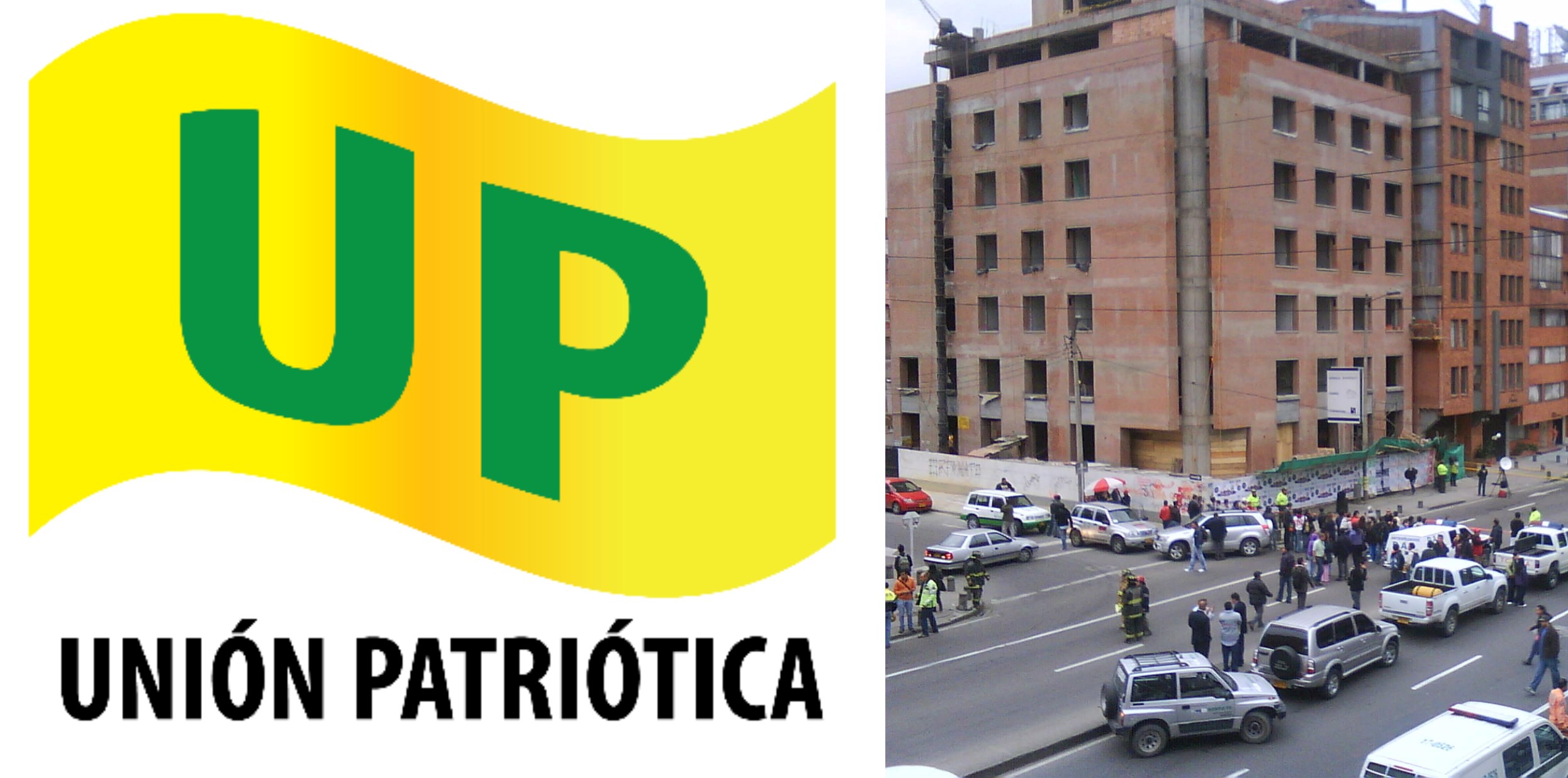 On the left, the flag of the Patriotic Union. On the right, a FARC car bomb attack.