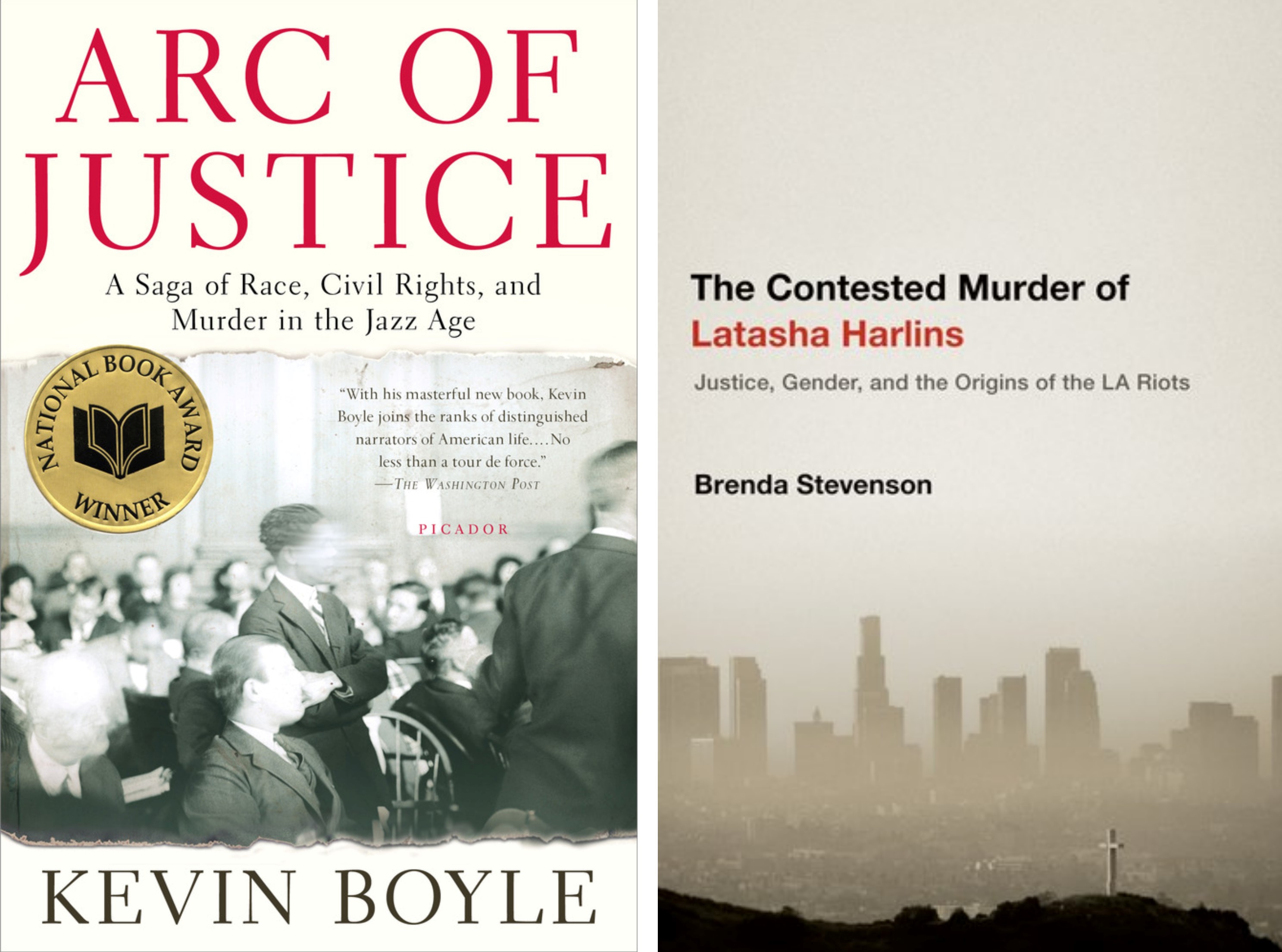 On the left, the cover of 'Arc of Justice.' On the right, the cover of 'The Contested Murder of Latasha Harlins.'