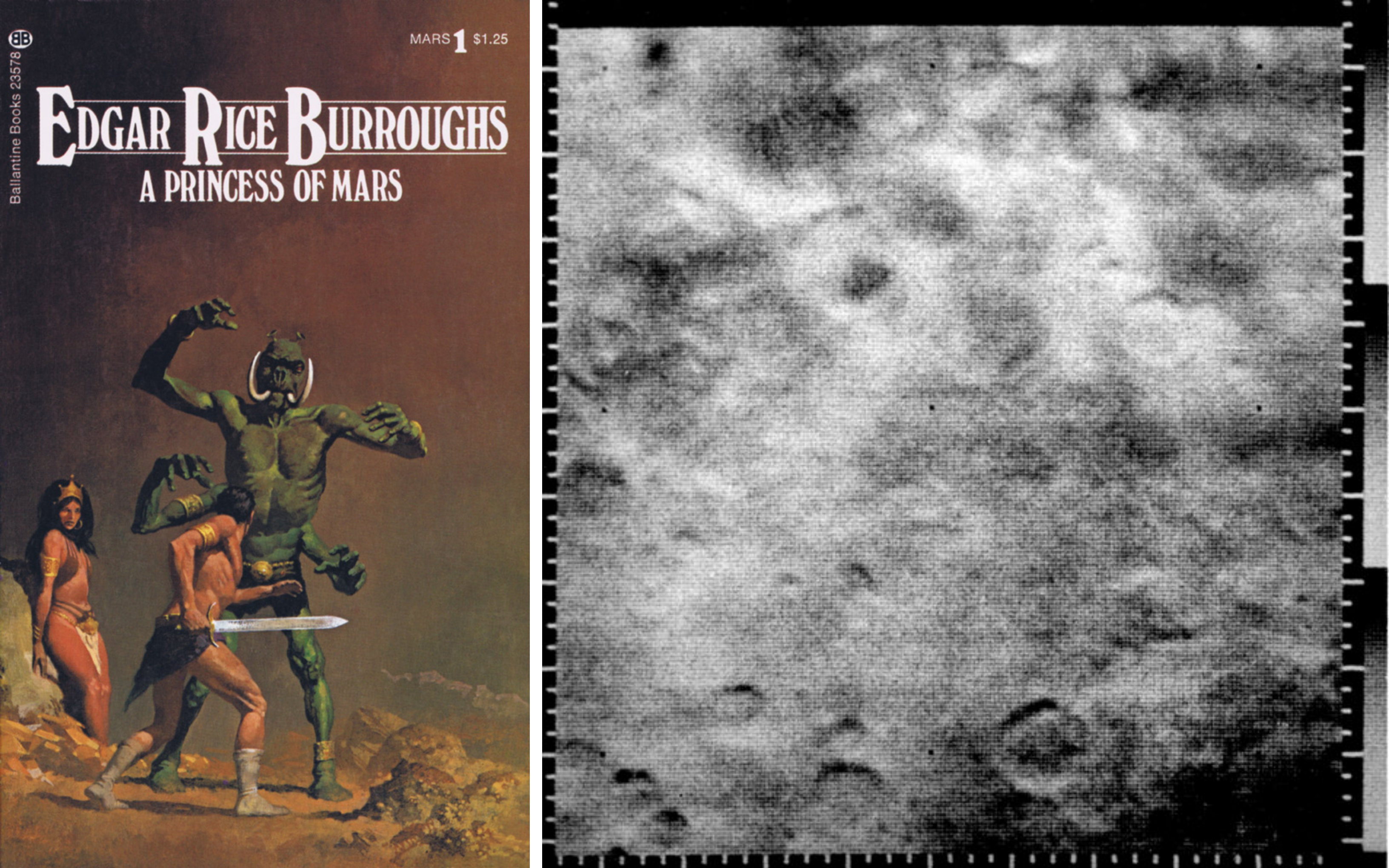 On the left, imagined Martians from Borroughs' A Princess of Mars. On the right, a Mariner 4 image of Mars' surface craters.
