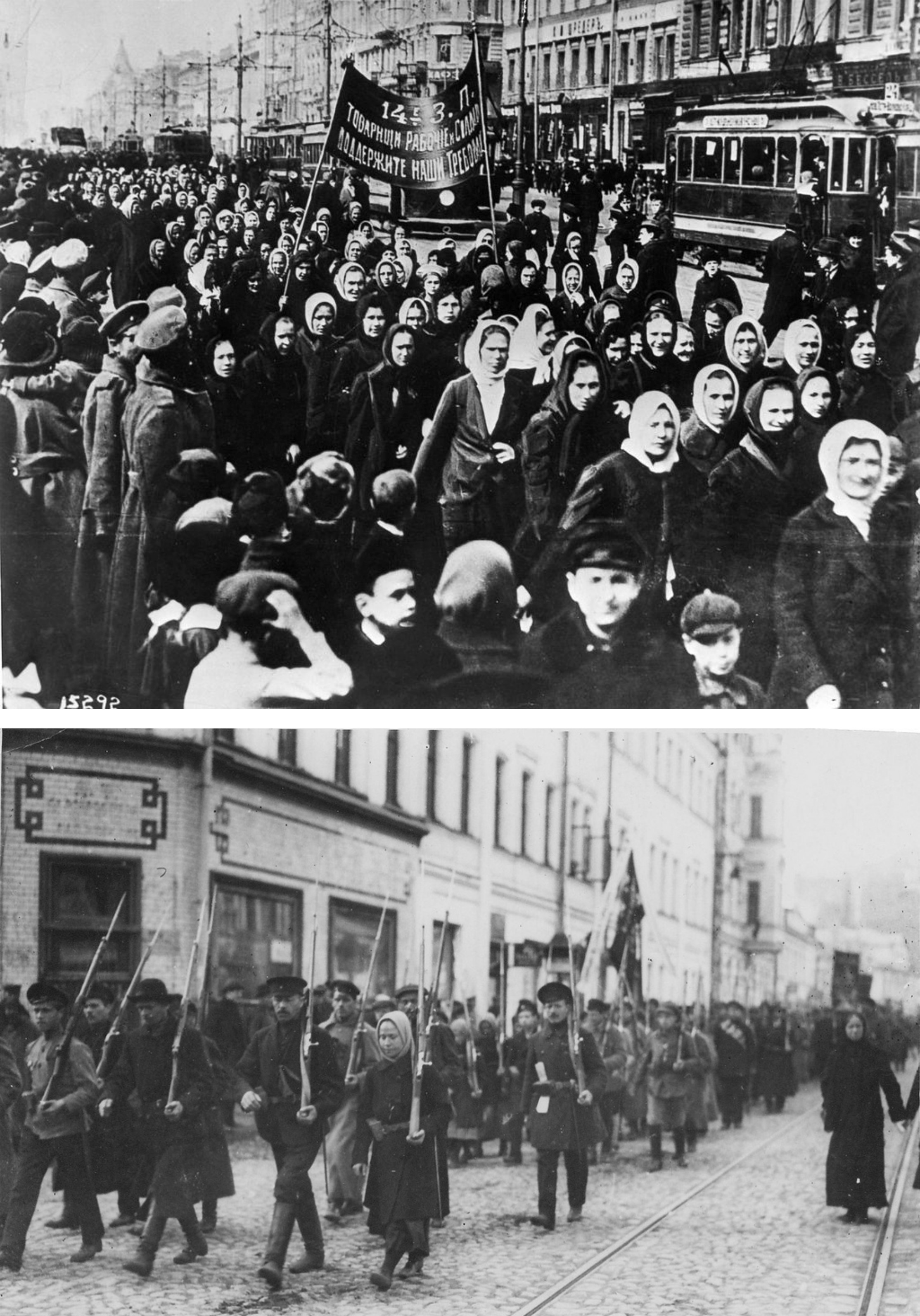 Në krye, gratë ruse marshojnë në Petrograd, Rusi në 1917. Në fund, Revolucioni Rus.