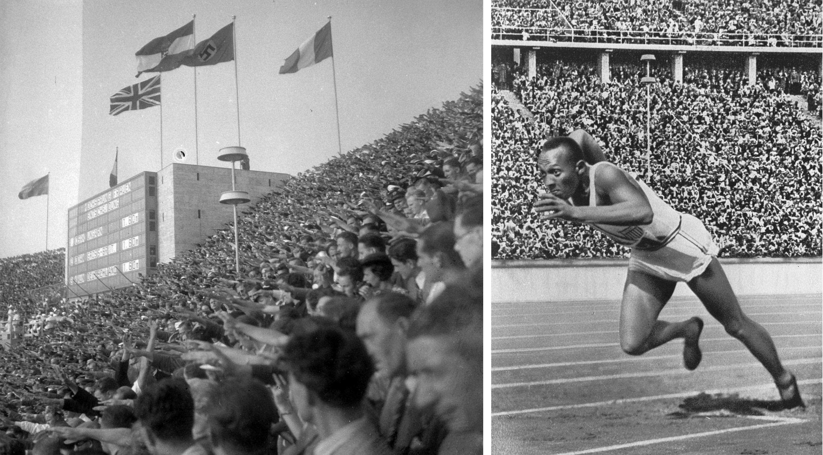 On the left, spectators giving the Nazi salute during the 1936 Summer Olympics. On the right, U.S. sprinter Jesse Owens.