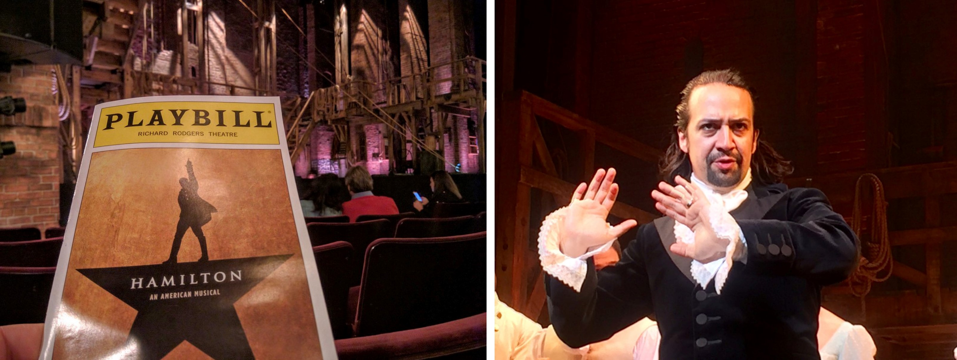 On the left, Hamilton playbill. On the right, Lin-Manuel Miranda in Hamilton.