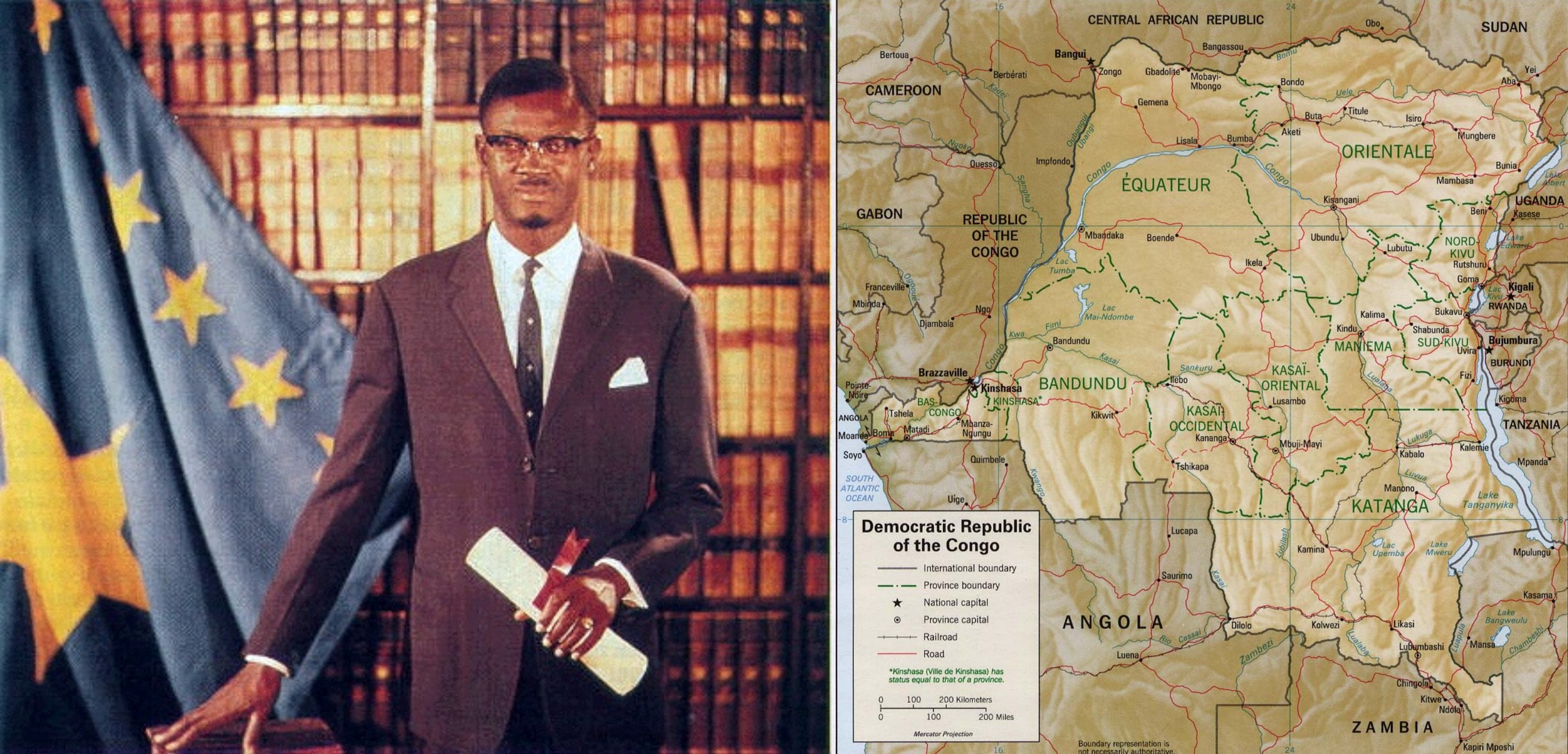 On the left, official portrait of Patrice Lumumba. On the right, a map of the Democratic Republic of the Congo.
