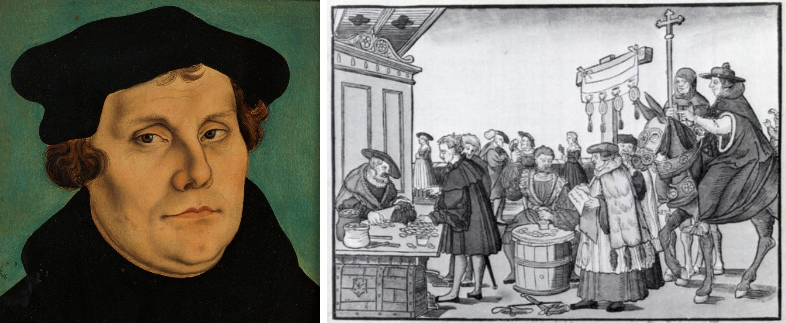 On the left, portrait of Martin Luther. On the right, a depiction of the sale of indulgences.