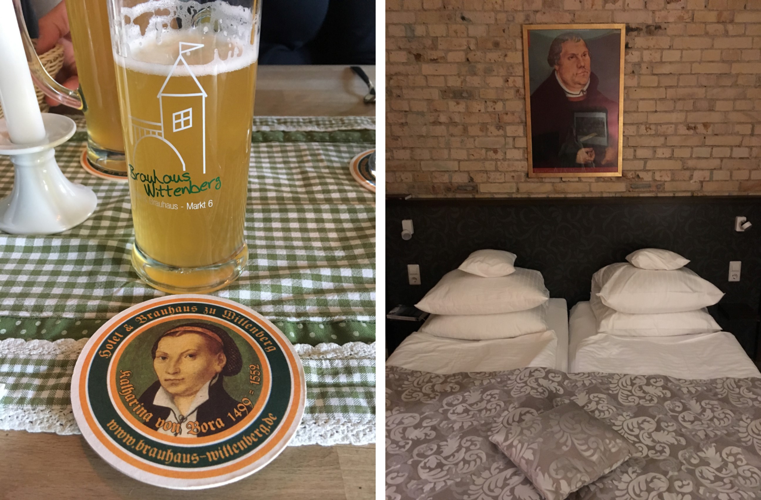 On the left, coaster commemorating Luther's wife. On the right, Luther-themed room decor.