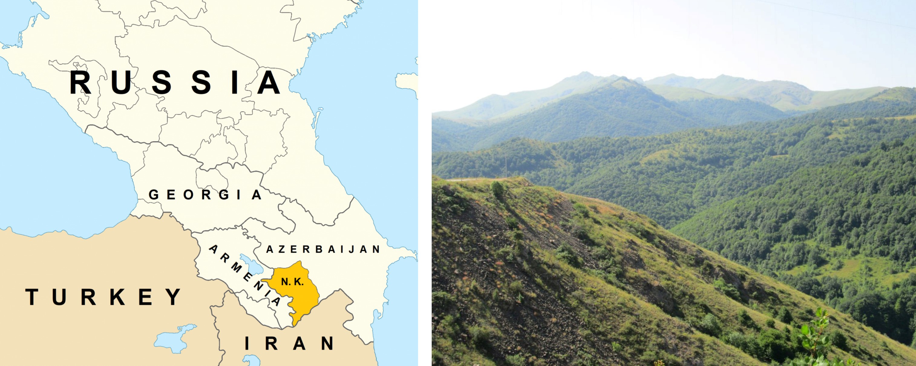 On the left, map of post-Soviet Caucasus. On the right, the mountainous landscape of Nagorno-Karabakh.