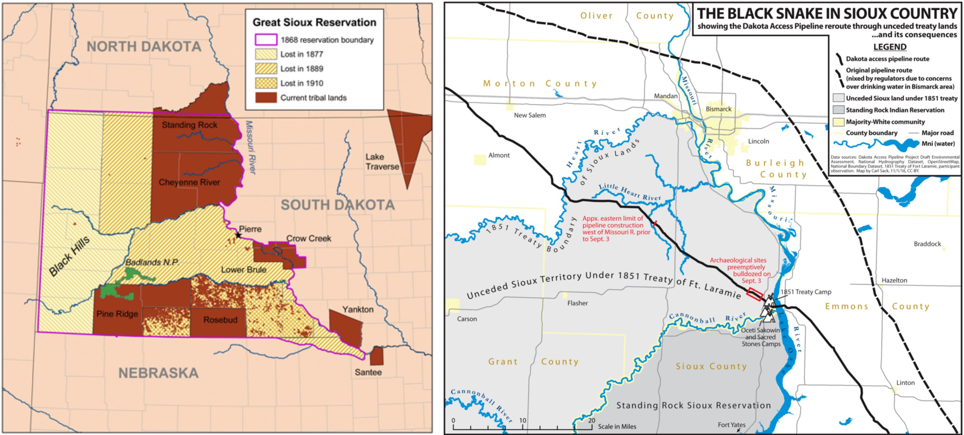 On the left, a map of the Great Sioux Reservation and the land lost by the Sioux since 1868. On the right, a map of the Dakota Access Pipeline route and the original pipeline route.