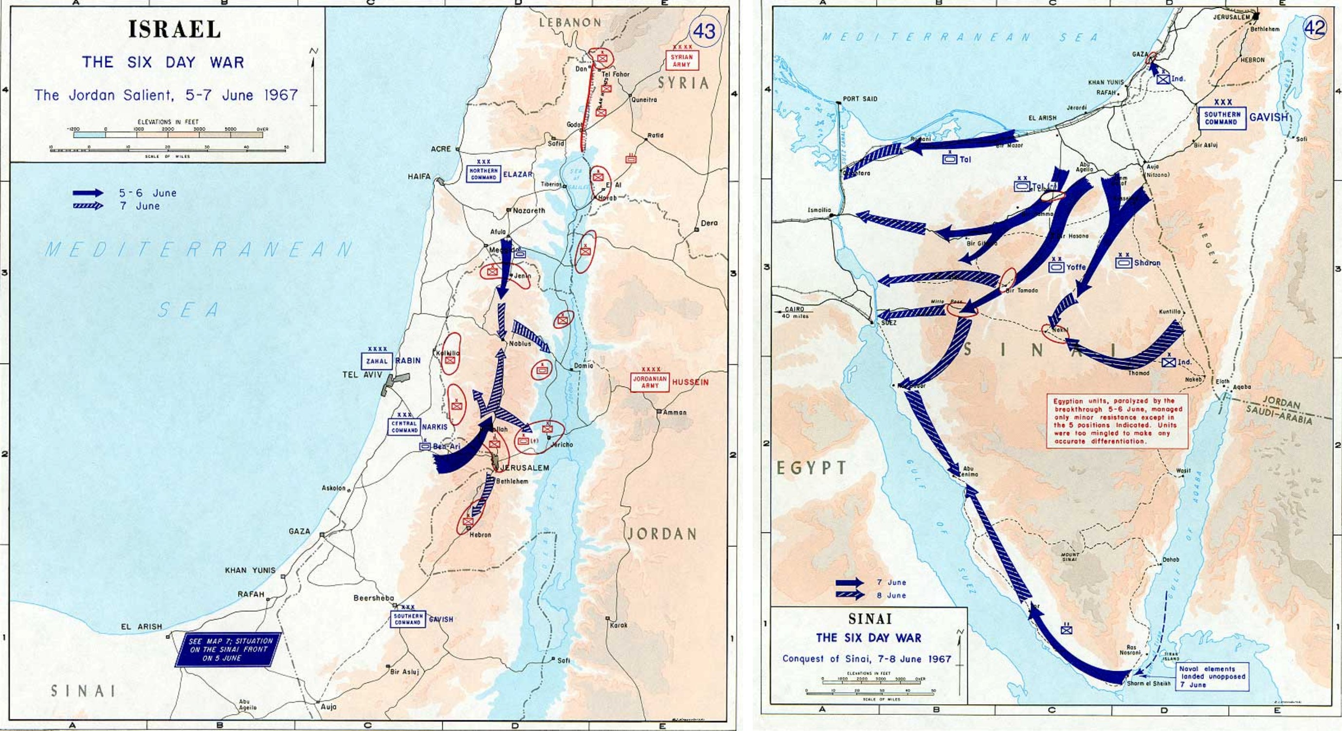 On the left, a map of Israeli movement into the Jordan salient. On the right, a map of Israeli movement into the Sinai Peninsula.