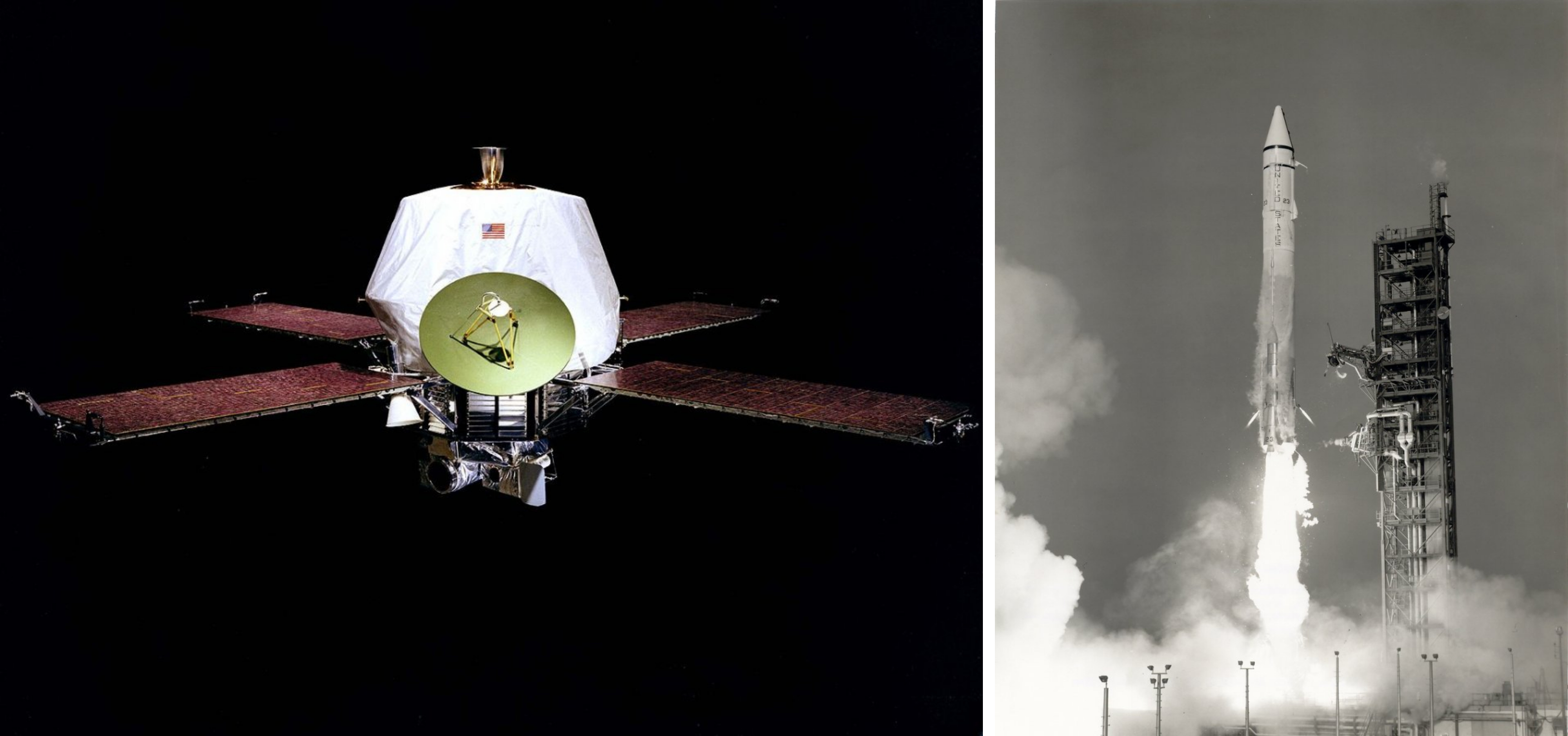 On the left, the Mariner 9 spacecraft. On the right, the Mariner 9 launch.